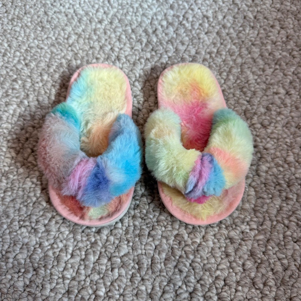 Kids Rainbow Tie Dye Faux Fur Slippers Open Toe Fuzzy Slides Size 6-7